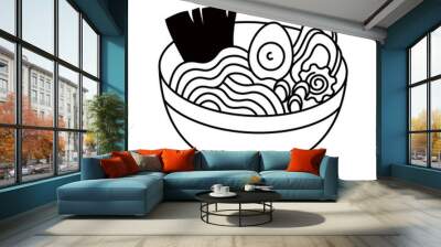 Hand drawn doodle Ramen bowl Korean traditional noodle soup black and white line vector illustration Wall mural