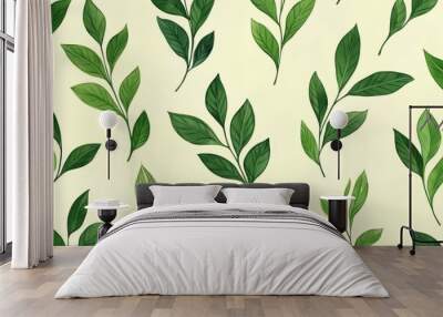 Hand-drawn green plant leaf pattern for simple, clean botanical design Wall mural