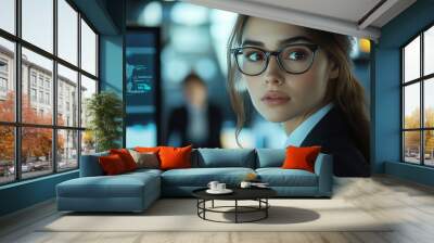 A female business professional in glasses, wearing a suit and tie, is looking at two large computer monitors with AI data on the screen while sitting behind her desk inside an offi Wall mural