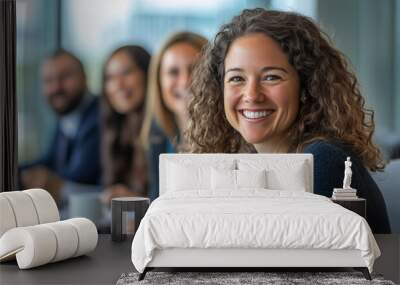 A photo of happy business people in an office meeting. One woman with curly hair is smiling and looking at the camera while sitting at her desk. Two other women are laughing behind Wall mural