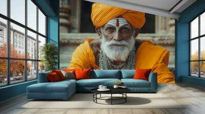 An old Hindu monk with an orange turban and yellow sitting on the steps of an ancient temple. He has a white beard and mustache, and he wears many silver necklaces around his chest Wall mural