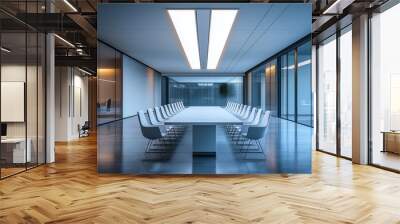 Modern-style office conference room, a long table with white chairs around it, a rectangular-shaped ceiling light strip in the center of the roof, a glass wall on one side, a metal Wall mural