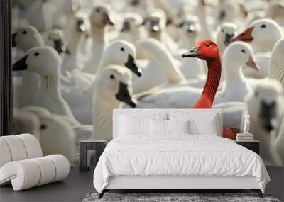 Red goose in a flock of white geese. Concept of differences in society, concept of leadership Wall mural