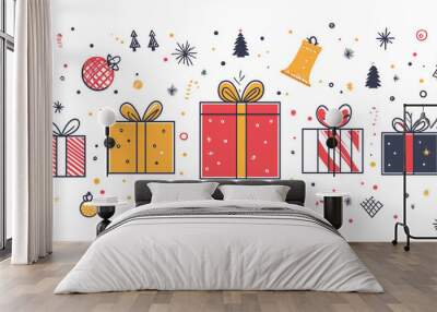 The background is white, with colorful lines and cartoon-style illustrations of gift boxes. The overall color scheme includes red and yellow colors, presenting a festive atmosphere Wall mural