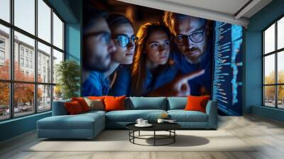 Three software engineers, one male and two females in their thirties, wearing glasses and blue shirts, are pointing at a computer screen displaying code on a dark background. Wall mural