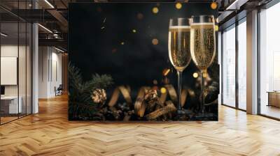 Two glasses of champagne on a dark background with a golden serpentine and a spruce branch Wall mural