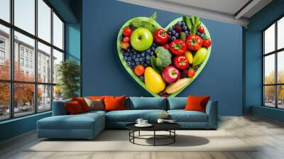 Heartshaped Plate With Fruits And Vegetables On Blue Background, Top View Wall mural