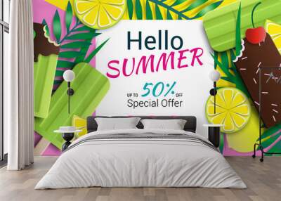 Hello summer special offer template. Yellow, pink and green. Vector stock illustration with ice cream, tropical leaves, lemons, cherry. Summer illustration for banner design, poster and voucher. Wall mural