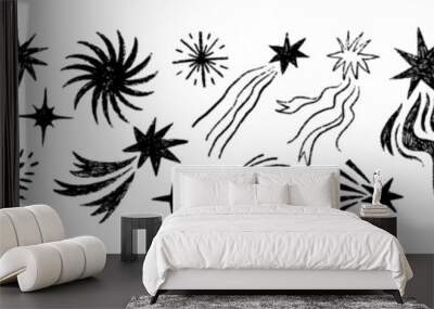 Childish style of meteoroid, comet and asteroid drawn with a crayon. Hand drawn sketch style stars with tails. Wall mural