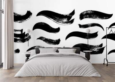 Collection black paint wavy bold brush strokes. Vector calligraphy smears, hand drawn curved thick lines and banners. Modern grunge wavy brushstrokes. Textured shapes isolated on white. Wall mural