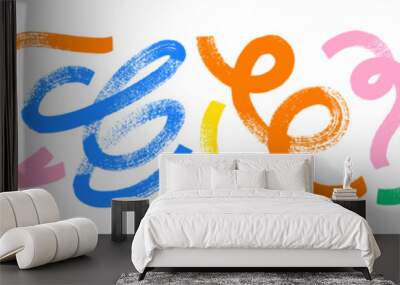 Collection colorful bold curved lines with loops isolated on white. Hand drawn bold grunge wavy and swirled brush strokes. Simple childish vector scribbles and squiggles. Creative trendy style design. Wall mural