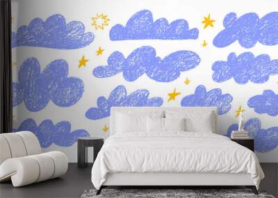 Collection of crayon drawn blue clouds and yellow cute stars in kid's style. Pencil drawings childish icons isolated on white. Wall mural