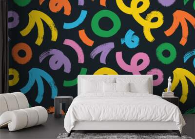 Colorful seamless banner design with bold brush-drawn geometric shapes, squiggles, curved and circles. Grunge childish memphis style doodles. Thick brush drawn shapes with rough texture. Wall mural