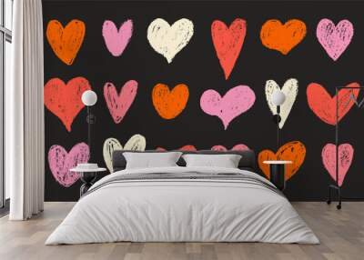 Doodle crayon drawn red and pink hearts collection. Set of colored charcoal hearts, cute love motif elements. Wall mural