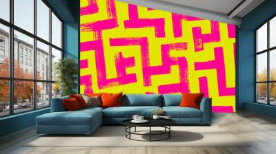 Geometric maze colorful seamless pattern. Brush drawn pink and yellow scribbles. Abstract maze geometric vector background. Irregular labyrinth pattern in bright colors. Hand drawn intricate banner. Wall mural