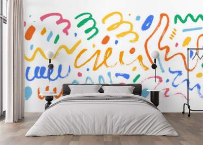 Pencil and brush colorful curly lines and squiggles. Childish scribble brush strokes vector set. Hand drawn marker scribbles, curved lines. Multi colored pencil sketches. Squiggles and daubs isolated. Wall mural