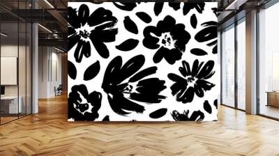 Plain floral drawing seamless pattern. Silhouettes of blooming black flowers. Elegant botanical pattern made of spring flowers. Hand drawn fabric, gift wrap, wall design. Nature ornament for textile Wall mural