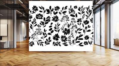 Spring flowers hand drawn vector set. Black brush flower silhouettes. Ink drawing wild plants, herbs or flowers, monochrome botanical illustration. Anemones, peonies, chrysanthemums isolated cliparts. Wall mural