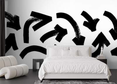 Various bold brush drawn curved arrows. Collection doodle marker thick arrows in different directions. Hand drawn vector direction pointers. Curved and wavy brush strokes with scratches. Wall mural