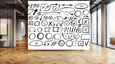 Various crayon drawn elements for hand drawn notes, diagrams and journaling. Underline and emphasis pencil elements, check marks, numbers and arrows. Vector charcoal punctuation marks. Wall mural