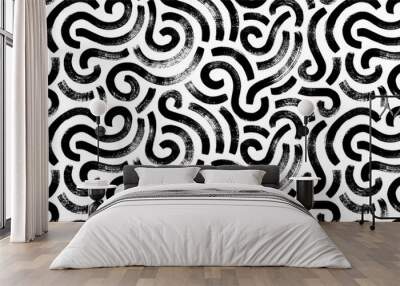 Wavy and swirled brush strokes seamless pattern. Thick and bold texture curved lines. Abstract art background in Memphis style. Geometric grunge pattern with swashes. Brush drawn swirled lines. Wall mural