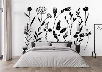 Wild flowers drawings collection. Grunge dry paint vector botanical elements. Hand drawn black meadow flowers. Abstract modern botanical silhouettes. Wild herbs and plants grunge clip arts. Wall mural