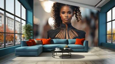 High fashion show with beautiful young black female model in fine designers creation. High fashion show with beautiful african american model runway haute couture. Portrait of a person in a stage Wall mural