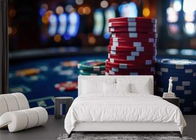 High roller betting with stacked chips at a casino table in Las Vegas during a lively evening Wall mural