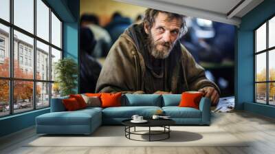 Homeless Individual Finds Nourishment At Shelter's Canteen Wall mural