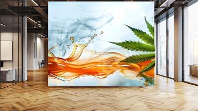 Horizontal studio shot of green cannabis leaf with oil splashes. Concept Cannabis Leaf, Studio Shot, Oil Splashes, Horizontal Orientation, Green Color Wall mural