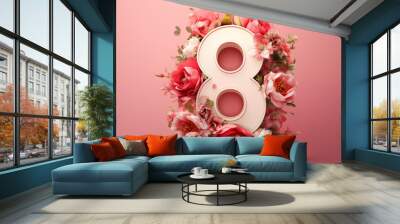 Close-Up of Floral Number 8 Celebration Design. Number 8 surrounded by roses and blossoms on a pink background, ideal for women's celebrations. Wall mural