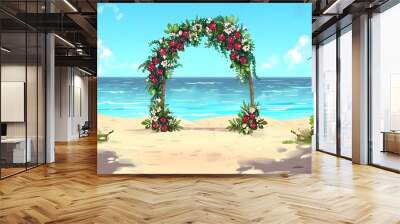 Illustration of a Cartoon-Style Sandy Beach Archway Adorned with Flowers for a Wedding Ceremony. Concept Cartoon Sandy Beach, Wedding Arch, Flower Decor, Illustration, Ceremony Decor Wall mural