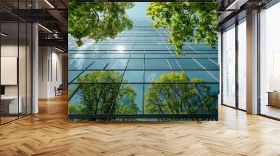 Incorporating ESG Sustainability: Reflection of Corporate Glass Building with Green Trees. Concept Corporate Sustainability, Glass Buildings, Green Trees, ESG Practices, Urban Environment Wall mural