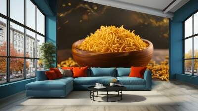 Indian Diwali snack Namkeen Sev used in chaat dishes like sev puri bhel puri Ample copy space. Concept Indian snacks, Namkeen Sev, Chaat dishes, Sev Puri, Bhel Puri, Copy space Wall mural