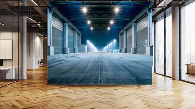 Industrial building interior with roller door concrete floor and lighting at night. Concept Industrial Architecture, Night Photography, Urban Design, Lighting Effects, Interior Design Wall mural