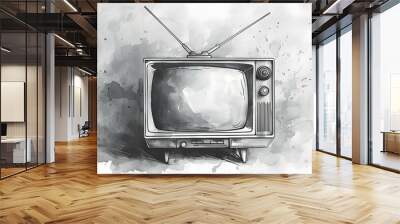 Ink sketch of a vintage 1950s TV set with antenna empty screen. Concept Vintage TV, 1950s Design, Ink Sketch, Antenna, Empty Screen Wall mural