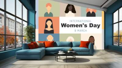 International Women's Day banner. Set of colored icons, women with different hairstyles and nationalities, women's icons in flat style Wall mural