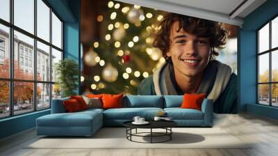 joyful holiday youth, portrait of a smiling young man with curly hair, the festive lights of a chris Wall mural