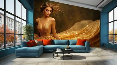 a stunningly beautiful woman in a gorgeous gold dress. gorgeous portrait woman in a luxurious golden dress. copy space. Wall mural