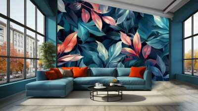 Abstract background of leaves in blue and red colors. abstract natural plants background Wall mural