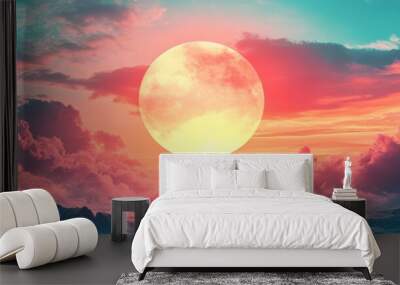 abstract round bright cosmic sky background with landscape. round mystical cosmic image with bright colored background and circle shape. copy space Wall mural