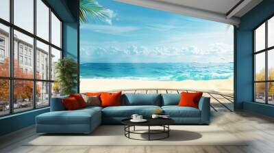 Beach podium summer background. beach summer background 3d Wall mural