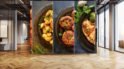 Collage of food in the dishes. A variety of food, vegetables, chicken, close-up and top view. Options for dishes. Wall mural