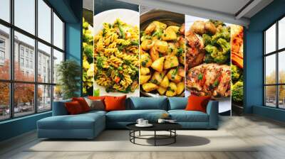 Collage of food in the dishes. A variety of food, vegetables, chicken, close-up and top view. Options for dishes. Wall mural