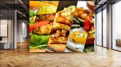 Collage of varied cooked food. Assortment and menu for the cafe. Wall mural