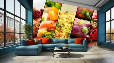 Collage of varied cooked food. Assortment and menu for the cafe. Wall mural