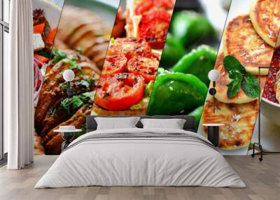 Collage of various food. Healthy and tasty vegetarian food, menu. Wall mural