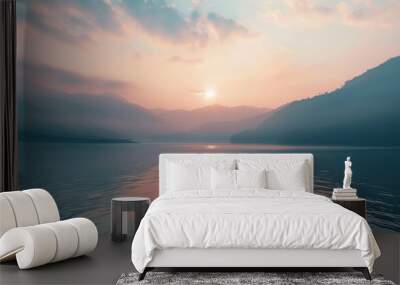 fog over a lake, morning sunlight, morning haze over a lake or river Wall mural