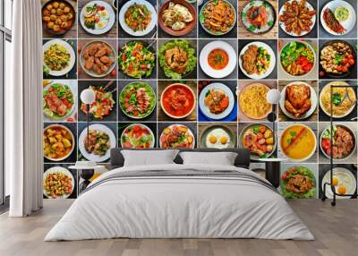 Natural food collage. Food background. Vegetable and meat dishes. Food in plates. Wall mural