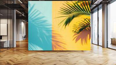 summer 3D background. summer minimal modern concept, bright background with palm tree and sunlight shadows. copy space Wall mural